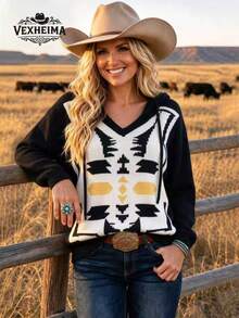 VEXHEIMA Sweater Kasual Lengan Panjang Bertali Serut Serbaguna Warna Polos untuk Wanita Gaya Barat - Motif Blok Warna - Hitam - View 2