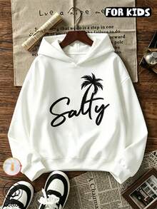 هودي بناتي بطبعة شجرة نخيل استوائية، سويت شيرت بغطاء رأس وشعار Salty للبنات - أبيض - مشاهدة 10