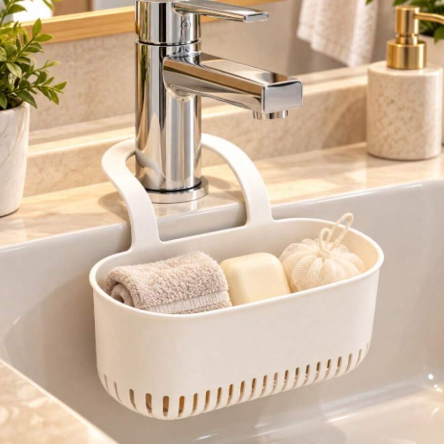 1pc Multifunctional Drain Basket White PP Material Sponge Storage Rack No-Drill Sink Filter Rack Kitchen Bathroom Dual Use Sponge Cloth Storage Basket - One Size - View 1