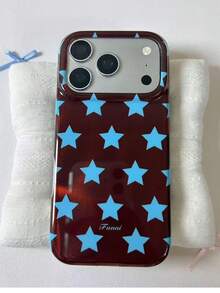 1pc Glossy Burgundy Phone Case With Blue Star Pattern, Full Lens Drop & Scratch Resistant Protective Cover, For Daily Commute & Outdoor Use, Perfect Birthday & Holiday Gift, Compatible With IPhone11 12 13 14 15 16 17 18 Pro Max - Multicolor - View 2
