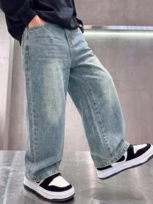 Tween Boy Loose Minimalist Versatile New Denim Long Pants - Light Wash - View 3
