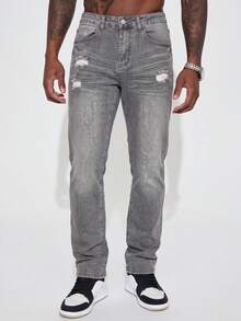 Gray Black Distressed Ripped Denim Jeans, Slim Fit Tapered Leg Jeans For Men, American Street Hip Hop Style Denim Pants, All-Season Stretch Denim Long Pants - Grey - View 3