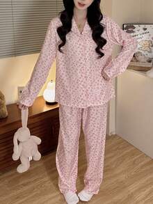 Women's 2-Piece Pink Leopard Print Pajama Set, Cardigan Button Long Sleeve & Long Pants, Wearable Loungewear, Autumn/Winter - Pink - View 8