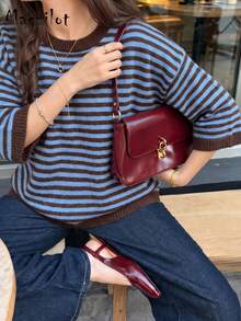 Plus Size Women's Autumn/Winter Striped Colorblock 3/4 Sleeve Pullover Sweater, Casual Commute Date Outfit - Multicolor - View 2