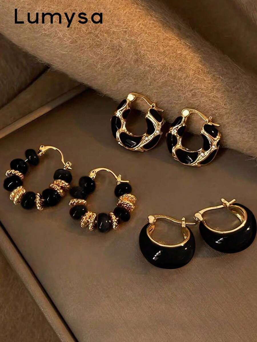 3 Pairs Vintage Elegant Gentle Black & Gold Resin Inlaid Women's Drop Earrings Set, Suitable For Daily Wear, Party And Ball