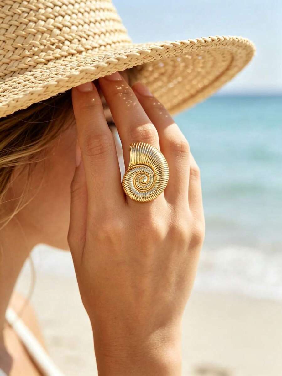 1pc Vintage Ocean Style Conch Spiral Exaggerated Metal Texture Open Adjustable Ring, Suitable For Women's Daily Wear - Gold - View 1