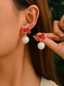 1 Pair Minimalist Cute Cartoon Christmas Colorful Light Ball Transparent Colorful Ball Bow Earrings Suitable For Women's Daily, Vacation, Party Wear - Red - View 1