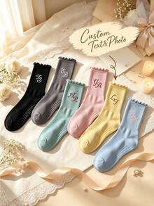 Custom Bridesmaid Ruffle Socks, Personalized Initial Non Slip Crew Socks, Ideal For Wedding Prep, Bachelorette Party & Yoga. One Size, Not For XS/XL. - Ruffle-edge Socks - View 1