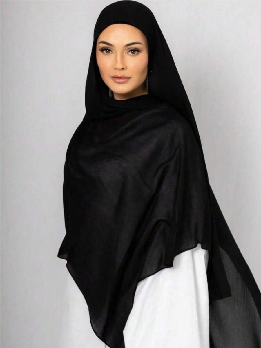 1pc Solid Color Basic Headscarf, Middle Eastern Style, Made Of Breathable Chiffon Fabric, Lightweight And Comfortable For Long-Term Wear, Suitable For All Seasons - Black - View 1