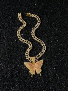 1pc Men's Full Rhinestone Cuban Link Chain Hip Hop Style Personalized Butterfly Pendant Necklace - Butterfly - View 7