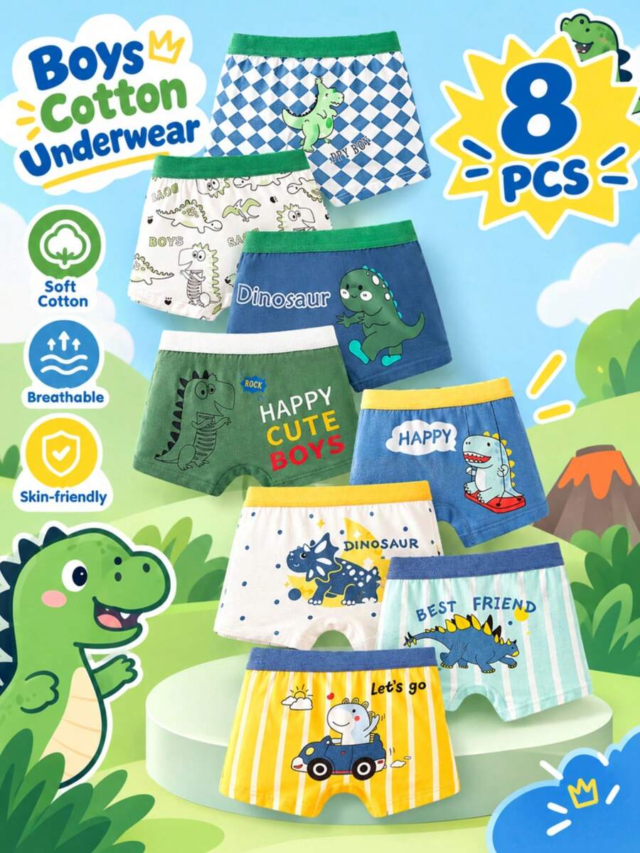 8pcs/Pack Boys' Cartoon Dinosaur & Car Print Boxer Briefs, Toddler & Kids Soft Comfortable Underwear, Suitable For All Seasons - Multicolor - View 1
