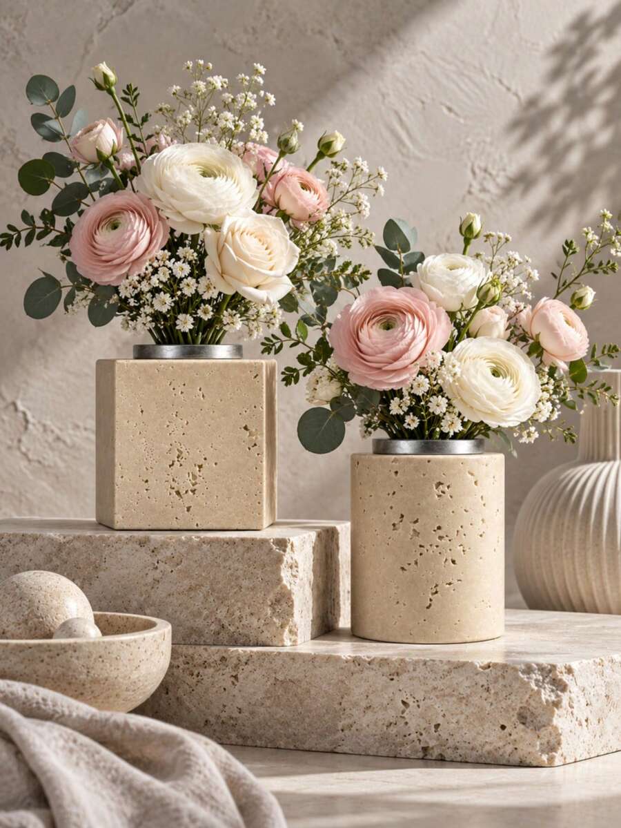 1pc/2Pcs Contemporary Style Assorted Shape Vase Set, Hole Textured & Rim Detail, Floral Display Vase, Desktop Ornament For Apartment, Thanksgiving & New Year Home Styling - Yellow Hole Stone - View 1