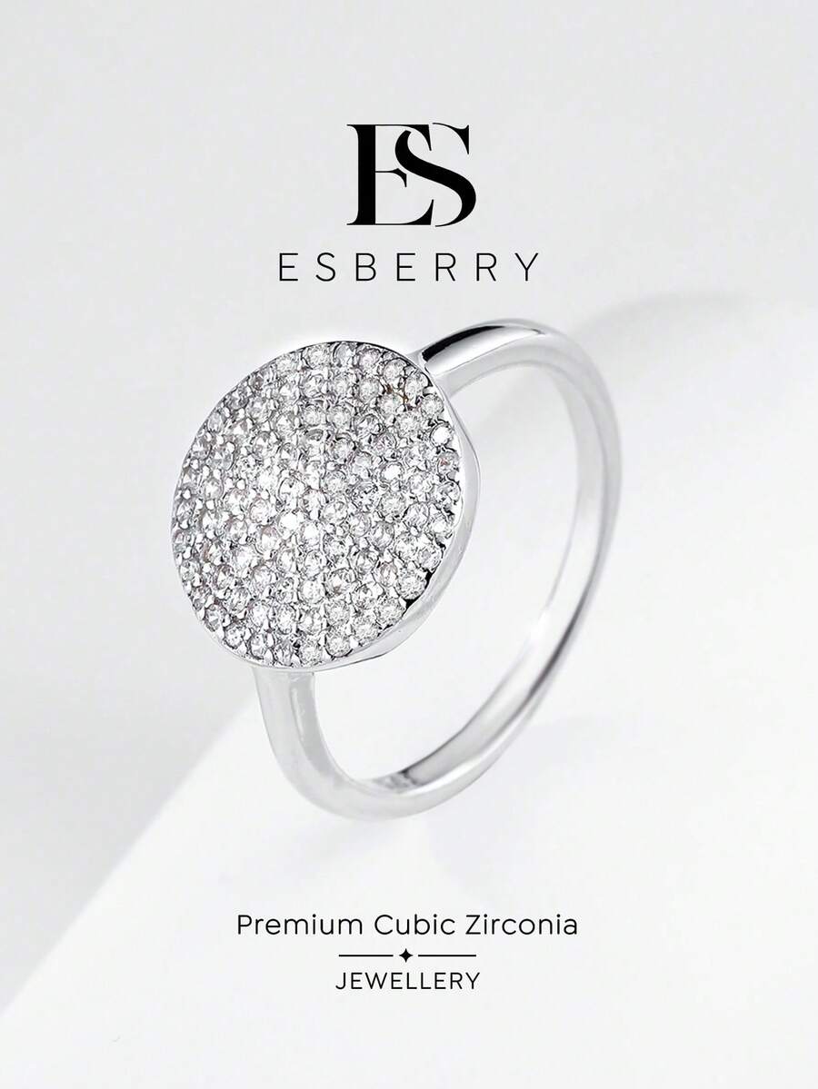 ESBERRY 1pc Luxury Cubic Zirconia Round Ring, Women's Ring, Suitable For Daily Wear, Also Can Be Used As High-End Jewelry