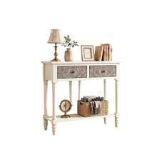 Mesa Consola Estrecha para Recibidor, Mesa de Entrada con 2 Cajones Grabados y Estante Inferior, Mueble Decorativo de MDF Color Blanco Desgastado, Mesa Auxiliar para Pasillo, Sala de Estar y Detrás del Sofá - Beis - Ver 1