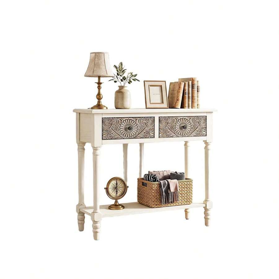 Mesa Consola Estrecha para Recibidor, Mesa de Entrada con 2 Cajones Grabados y Estante Inferior, Mueble Decorativo de MDF Color Blanco Desgastado, Mesa Auxiliar para Pasillo, Sala de Estar y Detrás del Sofá - Beis - Ver 1