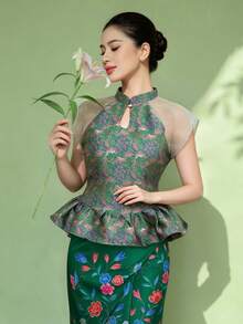 1pc Floral Print Peplum Button Ruffle/Frill Trim Women's Blouse, Suitable For Holidays, Dates, Summer, Green - Green - View 1