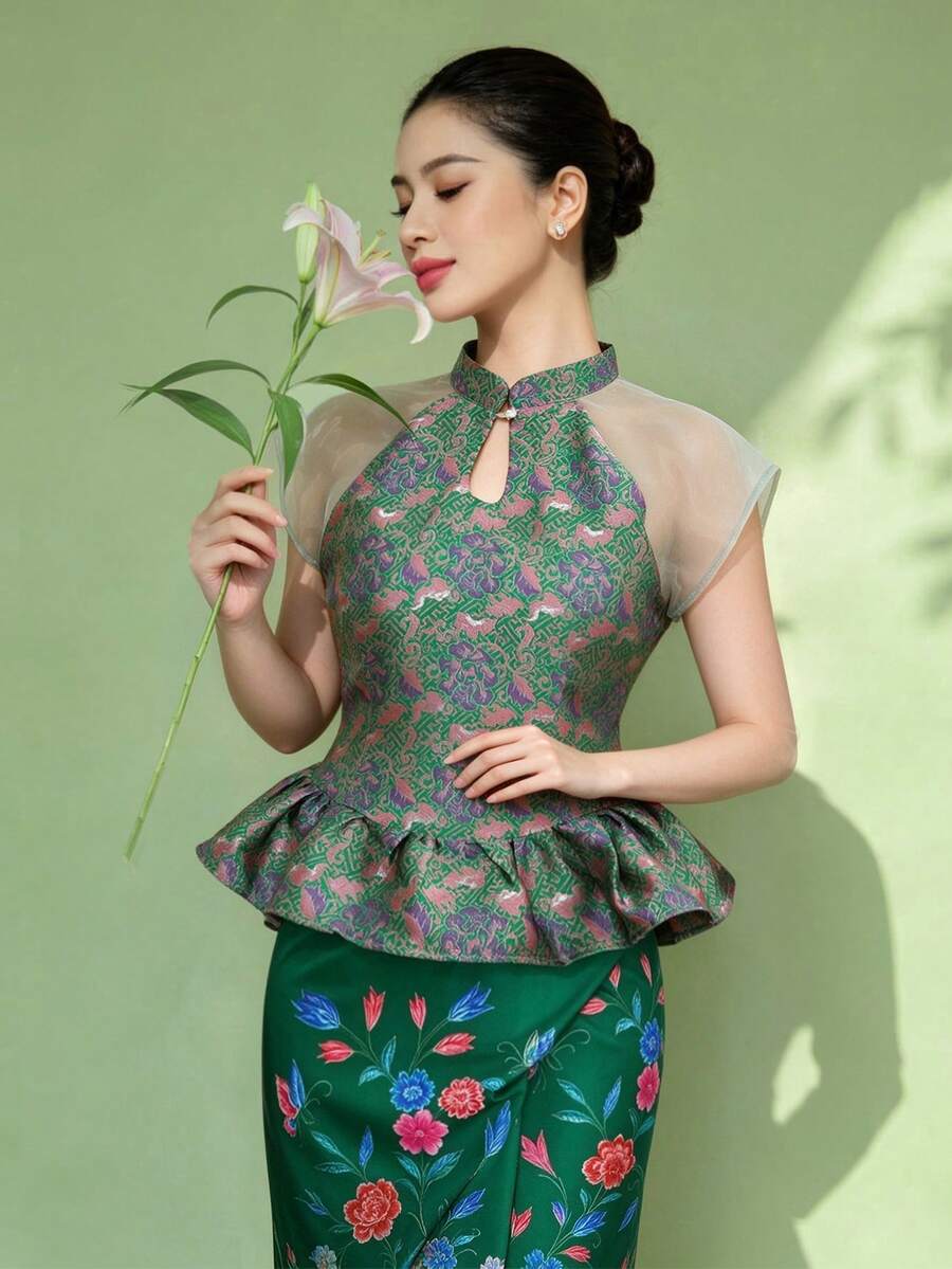 1pc Floral Print Peplum Button Ruffle/Frill Trim Women's Blouse, Suitable For Holidays, Dates, Summer, Green - Green - View 1