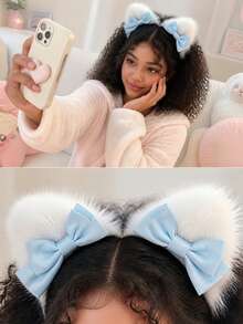 1pc Autumn Plush Cat Ear Headband With Premium Satin Ribbon Bow, Cute Cosplay Hair Accessory For Party Costume - Multicolor - View 7