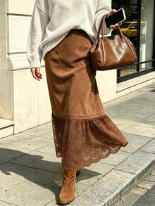 Four-Season Fashionable Elegant Solid Color Lace Trim Hem Splicing Back Waist Hidden Zipper Design Small A-Line Fitted Suede Skirt For Women - Brown - View 3
