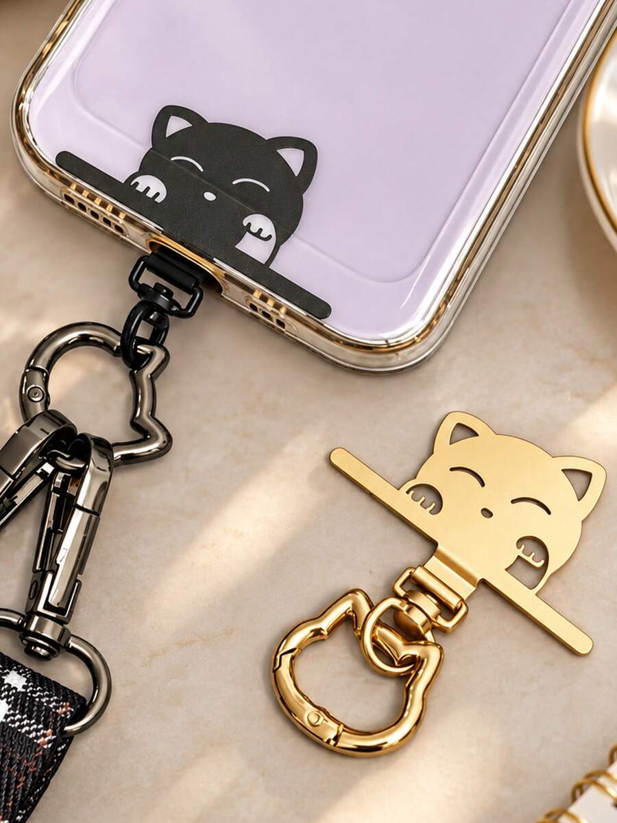 2pcs Set (1 Stainless Steel Clip + 1 Spring Ring) 360° Rotatable Cartoon Cat Stainless Steel Connector, With Metal Cat Head Spring Buckle, Hook, Finger Ring Buckle, For Connecting Phone And Lanyard, Phone Case Charging Port Insertable Fixed Bracket Metal Plate, Sturdy And Durable, Outdoor Anti-Drop Phone Lanyard Connector, Smartphone Accessory - Multicolor - View 1