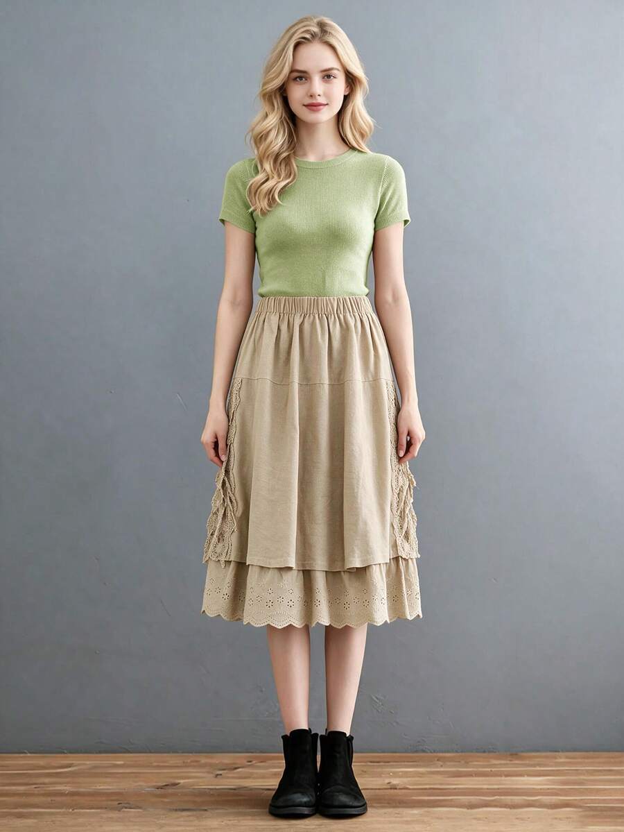 Women's Spring/Summer New Linen Fabric Embroidered Hem Long Dress, Casual Versatile Elastic Waist Lace Patchwork Skirt
