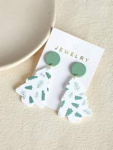 1 Pair Women's Christmas Light Green Christmas Tree Print Clay Texture Acrylic Holiday Party Long Earrings - Multicolor - View 7