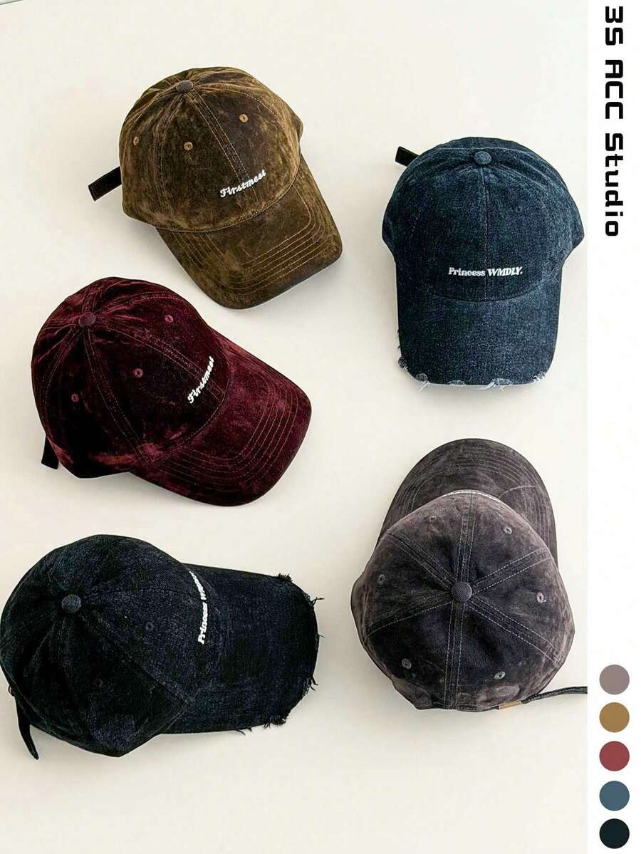 American Vintage Ripped Baseball Cap With Embroidered Letters, Distressed Dad Hat For Women, Autumn/Winter Cool Couple Versatile Casual Baseball Cap, Distressed Letter Embroidered Baseball Cap, Burgundy Suede Letter Embroidered Baseball Cap For Women Versatile - Multicolor - View 1