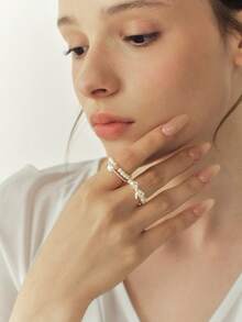 Sorayune 3pcs/Set Minimalist Bow Pearl Beaded Ring Set, Adjustable High-End Stackable Jewelry - White - View 2