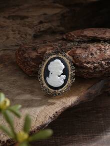 Cring Coco 1pc Victorian Style Cameo Lady Brooch, Vintage Oval White Woman Profile On Black Base, Ornate Antique Metal Frame, Jewelry Gift For Retro Enthusiasts - Beauty Head - View 11