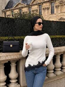 Women's Boat Neck Long Sleeve Contrast Lace Hem Slim Fit Elegant Sweater - White - View 3
