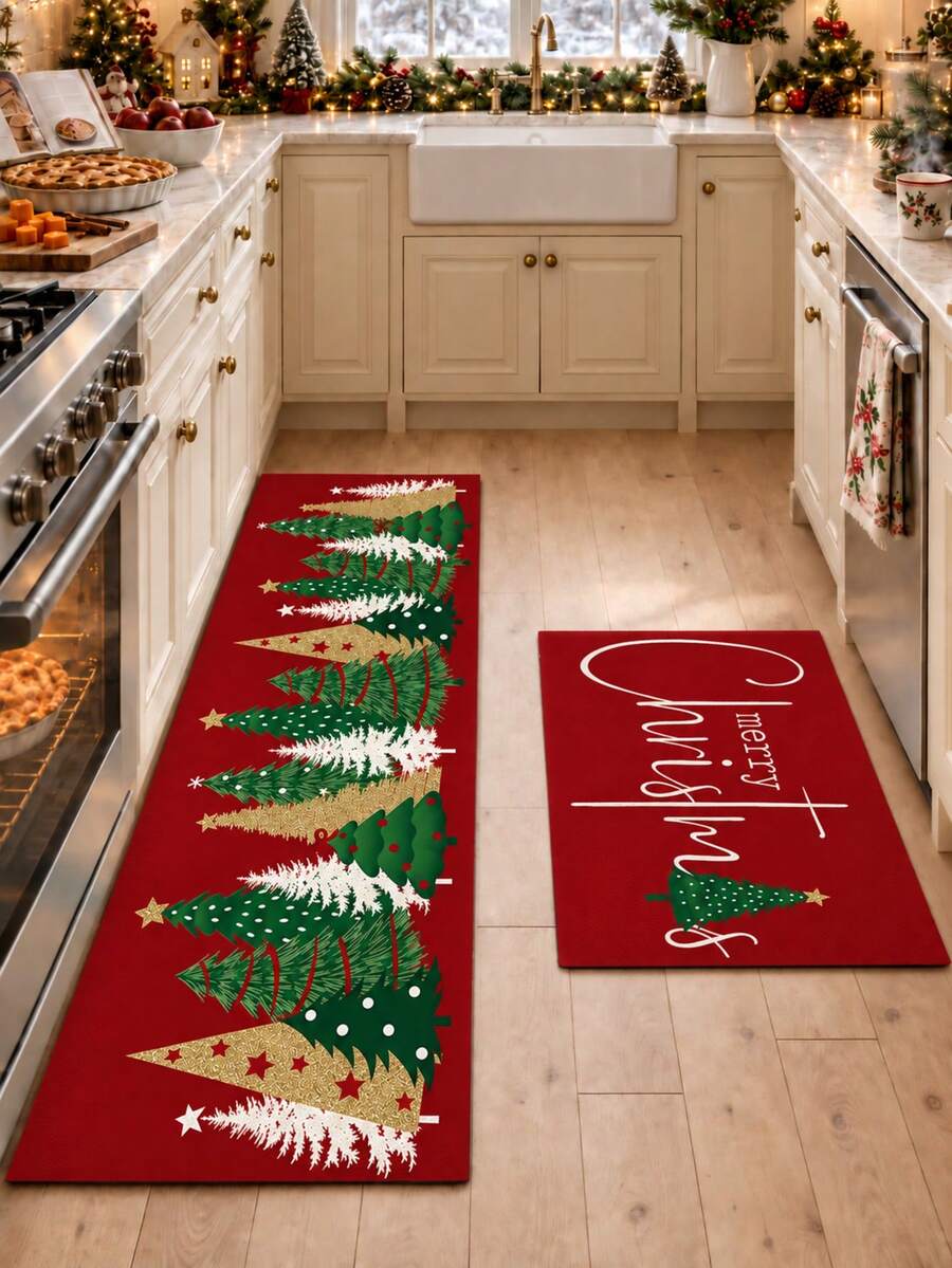 1/2pcs Christmas Kitchen Decor Rug, Christmas Tree Pattern Winter Kitchen Mat And Pad, Non-Slip Washable Absorbent Kitchen Accessory Decorative Mat, Christmas Holiday Gift! - Multicolor - View 1