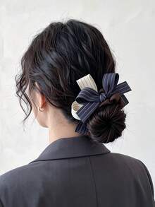 2/1pc Korean Style Color Block Striped Bow Scrunchie, High Elasticity Hair-Friendly, Basic Sweet Cute Hair Accessory For Bun - Suitable For Women And Girls, Daily School Party Vacation - Multicolor - View 2