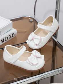 Girls Baby Pink Trim Double Layer Bow White Glossy Mary Jane Flat Shoes With Hook And Loop Strap, Suitable For Party Wear - White - View 6