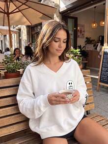 Halloween Women's V-Neck Sweatshirt, Ghost English Cute Print, Loose Long Sleeve Pullover, Casual Autumn Street Style Versatile Top - White - View 3