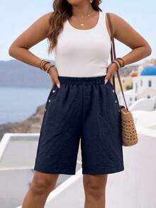 Pantalones cortos casuales de talla grande para mujer con botones decorativos de unicolor - Azul Marino - Ver 1