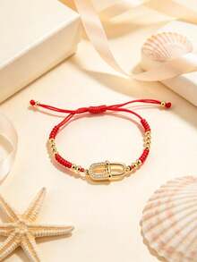 1pc Elegant Korean Style Zirconia Rhombus Flower Adjustable Bracelet, Light Luxury Design, Exquisite Commuter Versatile Hand Jewelry - U-shaped Drawstring - View 4