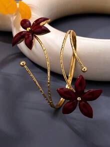 1pc Burgundy Enamel Flower Open Cuff Bracelet, Luxury Elegant Line Niche Design, Versatile Commuter Accessory - Burgundy - View 3