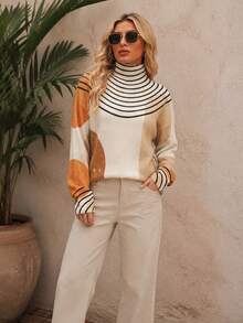 Women's Vintage Geometric Striped Turtleneck Knit Sweater, Soft Versatile Ruched Neck Base Layer, Niche Colorblock Curved Print, Slimming Long Sleeve Inner Top - Multicolor - View 2
