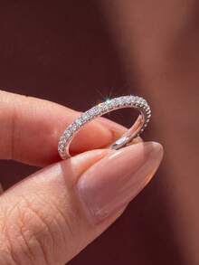 1pc Round Diamond Ring, Stackable, Versatile And Exquisite Design, Suitable For Women's Daily Wear, Party Occasions, High-Quality Jewelry Gift - Silver - View 2