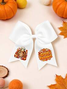 1pc Girls Thanksgiving Large Ribbon Bow Hair Clips, Turkey & "Give Thanks" Print Hair Clips, Fall Autumn Holiday Party Hair Accessories For Kids - White - View 3