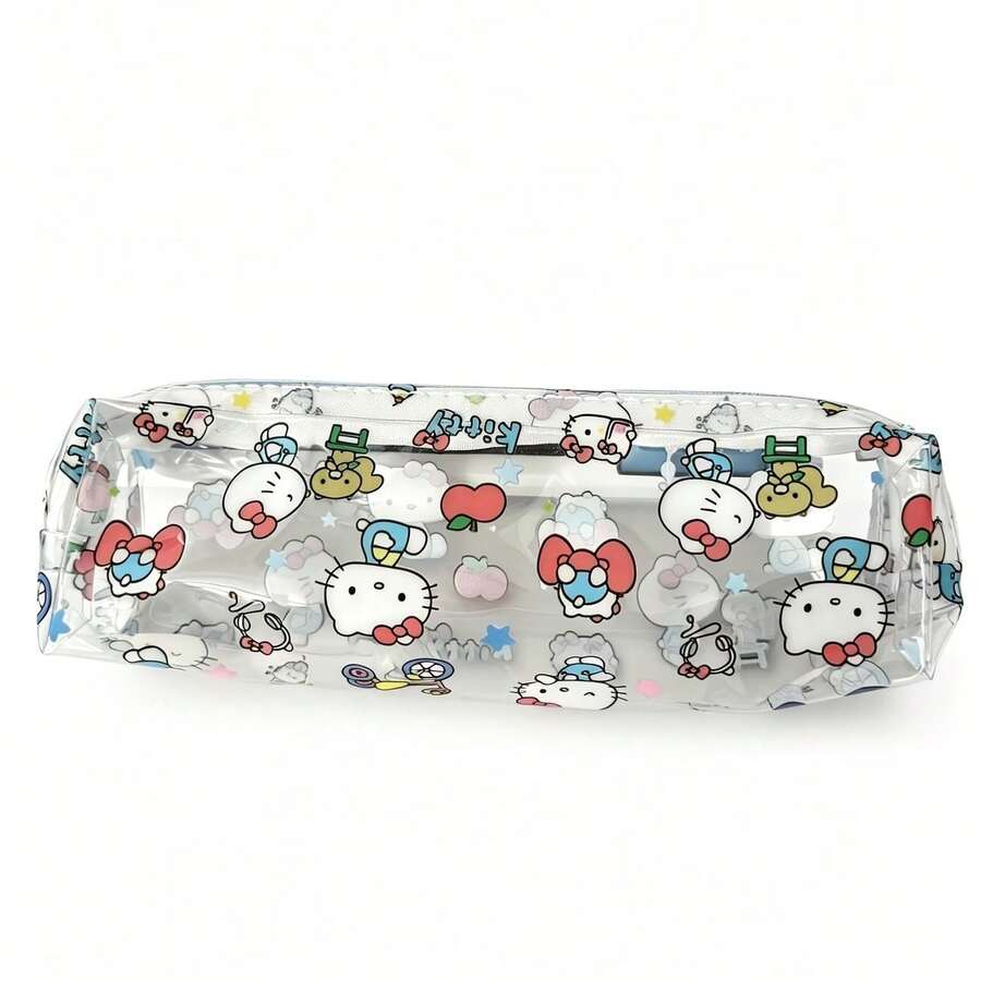 Hasbro Hello Kitty 印花拉鍊筆袋,可愛卡通貓熊蘋果圖案筆袋,透明內裡順滑拉鍊,大容量圓筒筆袋可收納筆、橡皮擦、尺,便攜收納袋,理想禮物 - A - 查看 1