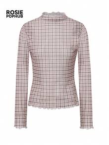 ROSIE POPHUB Women Brown Plaid Ruffled Mock Neck Long Sleeve Slim Fit Top, Elegant Office Daily Christmas Tee For Fall Winter - Coffee Brown - View 8