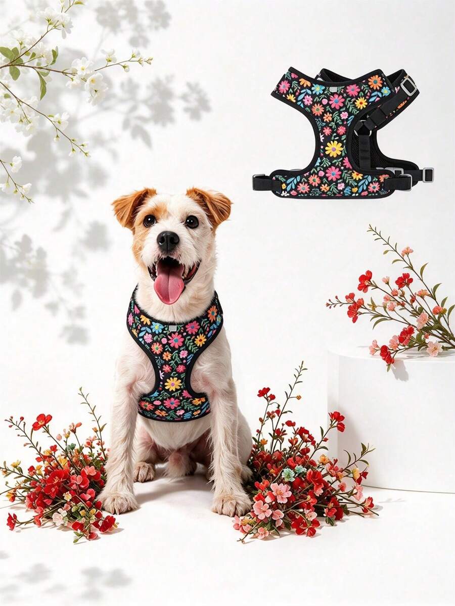 Dog Harness And Leash Set, Floral Pattern Double-Layer Breathable Mesh Vest Harness, Adjustable Soft Durable Pet Walking Leash Set, Suitable For Small And Medium Dogs - Black - View 1