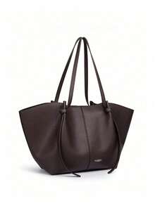 Tote Bag, Wide Body Design With Long Shoulder Strap, Comes With Matching Color Storage Pouch And Pom Pom Charm. Ample Storage Space For Books, Tablets And Other Personal Items, Shoulder Carry, Natural Leather Texture, Minimalist And Timeless, Suitable For Daily Commute And Travel. - Coffee - View 5