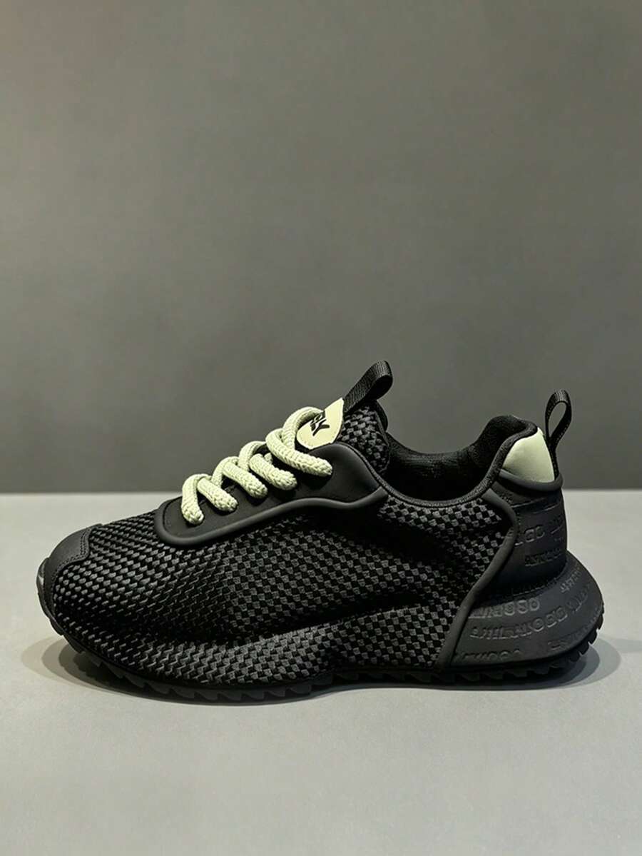 Men's Breathable Mesh Casual Sports Shoes, Thick Non-Slip Outsole, Comfortable Elevated Platform, Suitable For Outdoor, Jogging, Walking - Black and Green - View 1