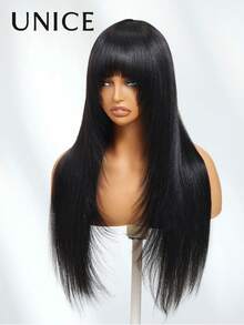 UNice Glueless Minimalist Lace Long Layered Yaki Straight Wig With Wispy Bangs Machine Made Wig 100% Human HairNo Lace No Glue Beginner Friendly Natural Black - Natural Black - View 11