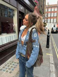 Snowflake Horse Pattern Zip Up Sweater Cardigan, Faux Fur Hood, Long Sleeves, Ribbed Hem, Blue Fall Winter Casual Warm Stretch Knitwear - Grey - View 2