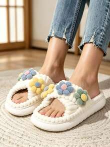 Sandal Rumah Hangat Berlapisan Bulu untuk Wanita, Sepatu Rumah Berbulu untuk Musim Gugur/Musim Dingin, untuk Dipakai di Dalam/Luar Ruangan - Putih - View 6
