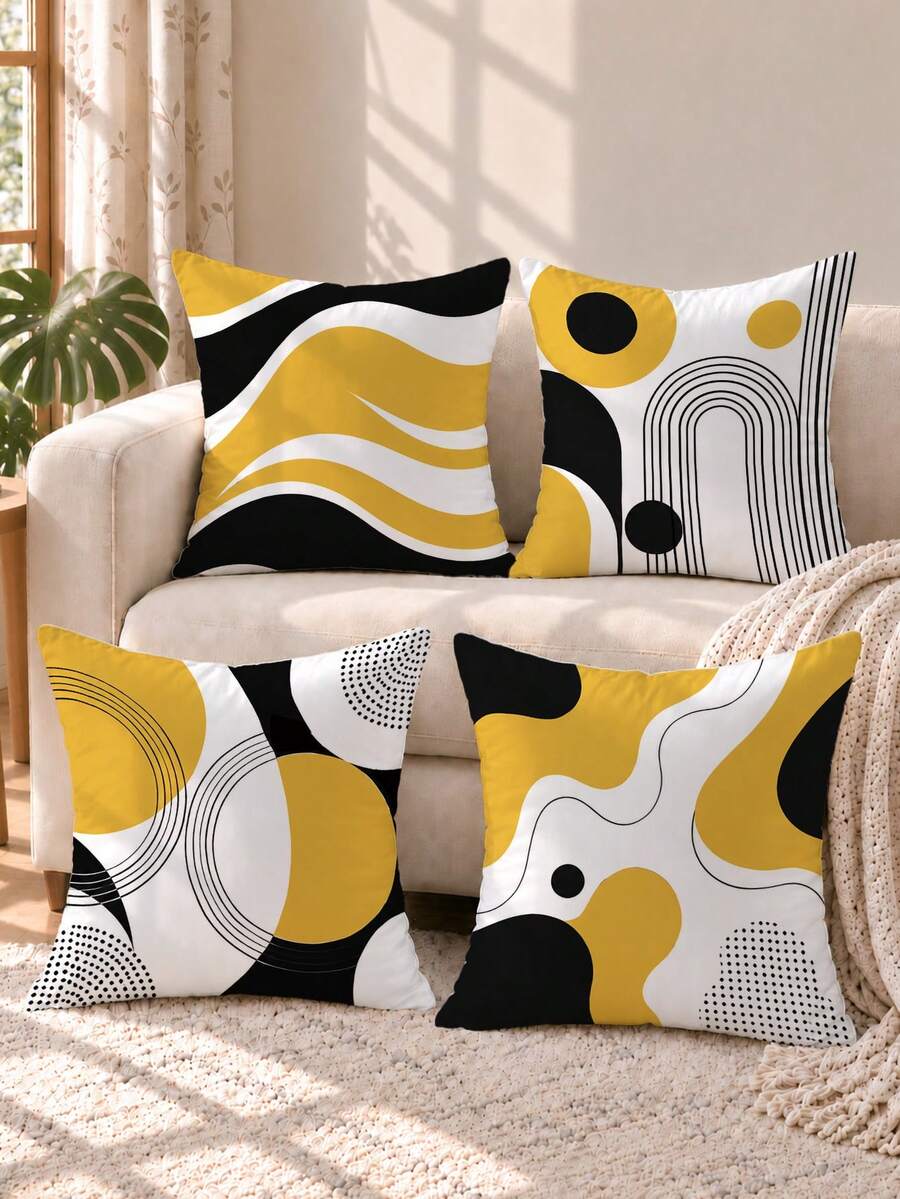 4 pièces Housses de coussin minimalistes quotidiennes jaune & noir motif géométrique abstrait bohème, imprimé unilatéral en velours peau de pêche doux pour la peau, housses de coussin 45*45CM convenant pour la décoration de chambre, décoration de salon intérieur, décoration de fête, cadeau de housse de coussin décorative