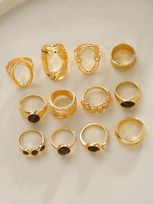 Set 12 buah cincin batu imitasi mata harimau berbentuk oval geometris bergaya vintage, cocok untuk pemakaian sehari-hari wanita, pesta, aksesori musim gugur/musim dingin, kencan, ulang tahun, dan hadiah liburan. - Yellow Gold - View 3